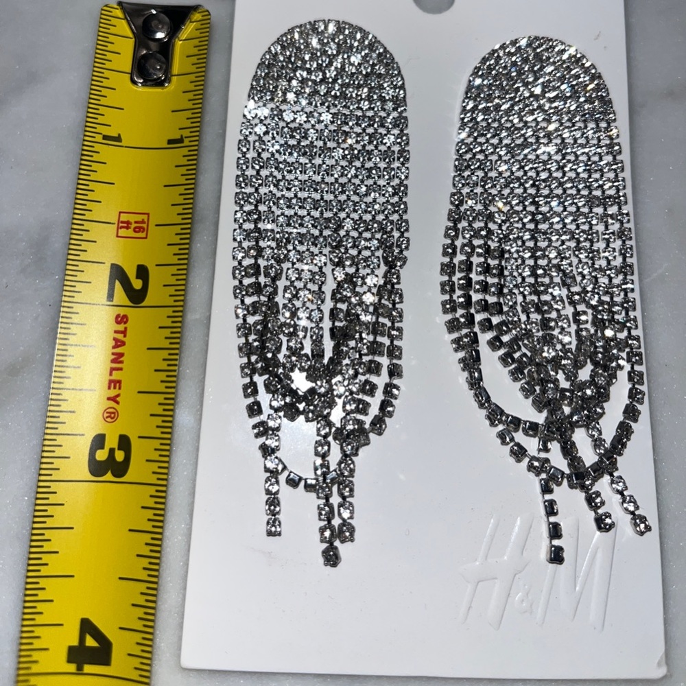 H&M Long Rhinestone Earrings silver NWT - Picture 6 of 7